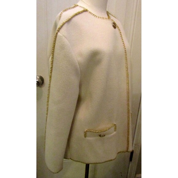 Aqua Sheen Cardigan Vintage Eggshell White Polar Fleece Sweater Gold Trim Size L - Picture 6 of 13